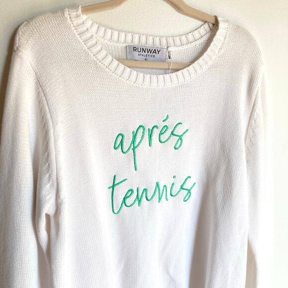 NWT Runway Athletics Womens XL White Apres Tennis Embroidered Knit Sweater Prep - Picture 1 of 10